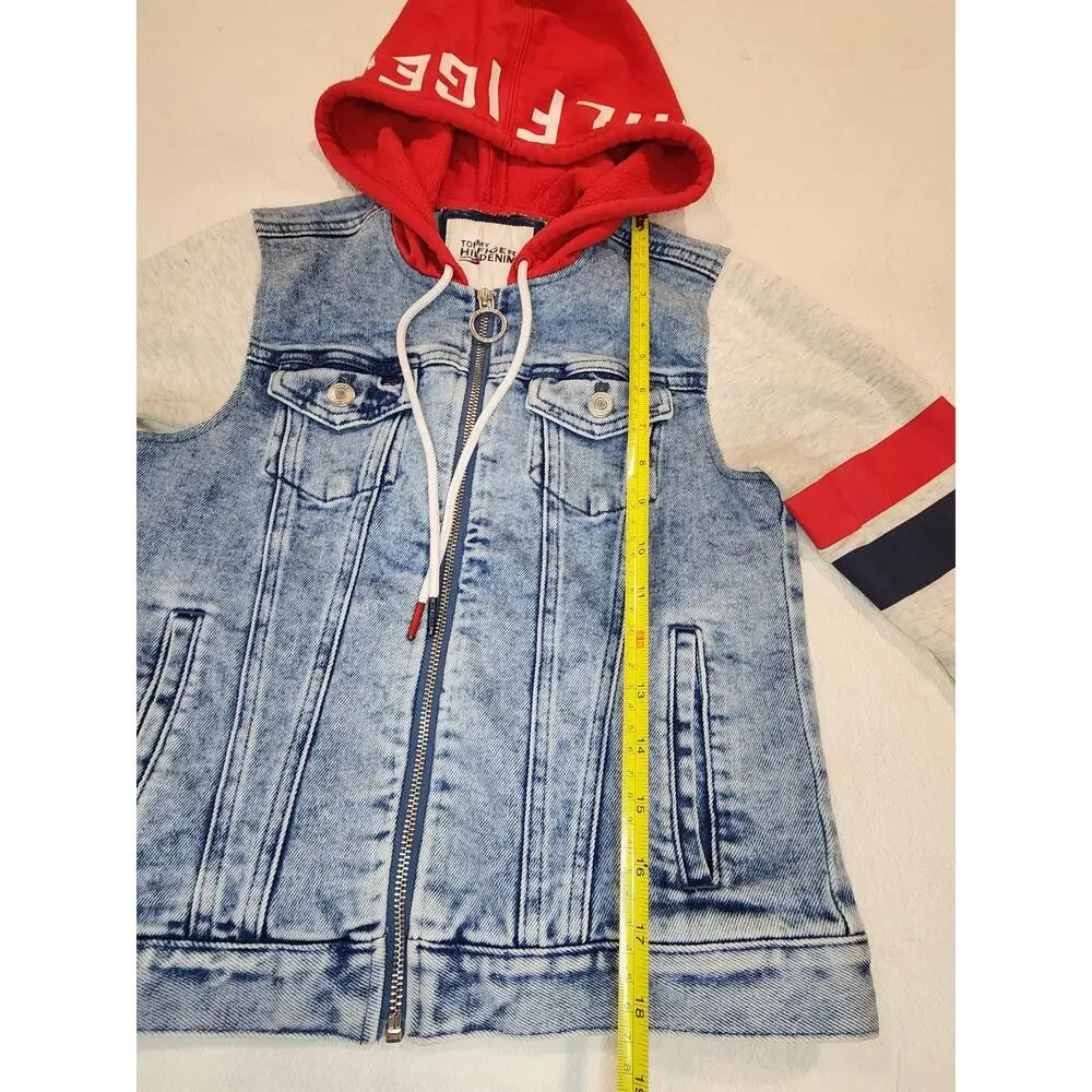 Tommy Hilfiger Denim Hoodie Jacket Vest Hybrid Womens XS Red Grey Y2K Trend